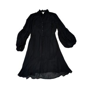 C EST. 1946 Black Ruffle Neck Long Bishop Sleeve Button Front A-Line Dress Small